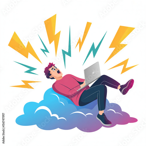 Illustration showing a stressed man working on a laptop amid lightning strikes, depicting technology problems, cloud computing issues and digital overload.