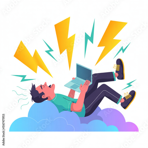 Frustrated man yelling at his laptop while experiencing online overload and surrounded by lightning bolts representing stress, depicting digital fatigue.