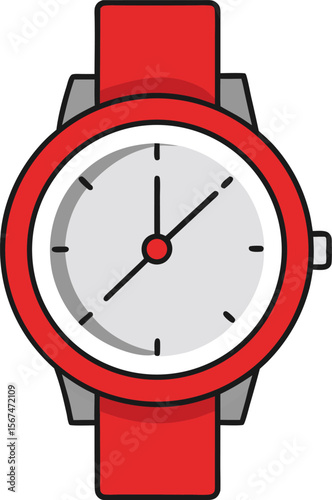 Modern red wristwatch with simple analog dial and white background