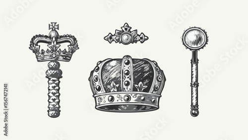 Illustration showing two crowns one scepter and one ornate jewel on a neutral background tone art