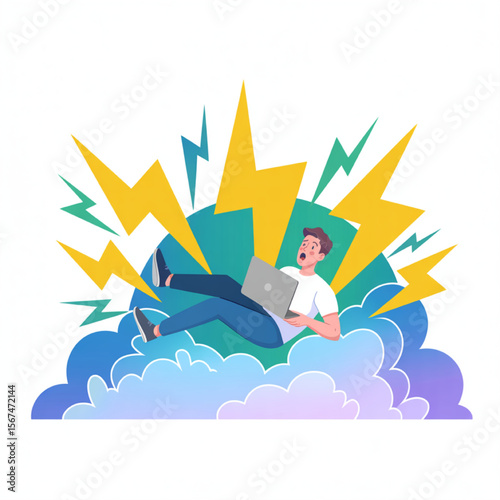 Anxious man levitates amidst clouds and lightning bolts while using a laptop, depicting stress and frustration with technology in a modern illustration.
