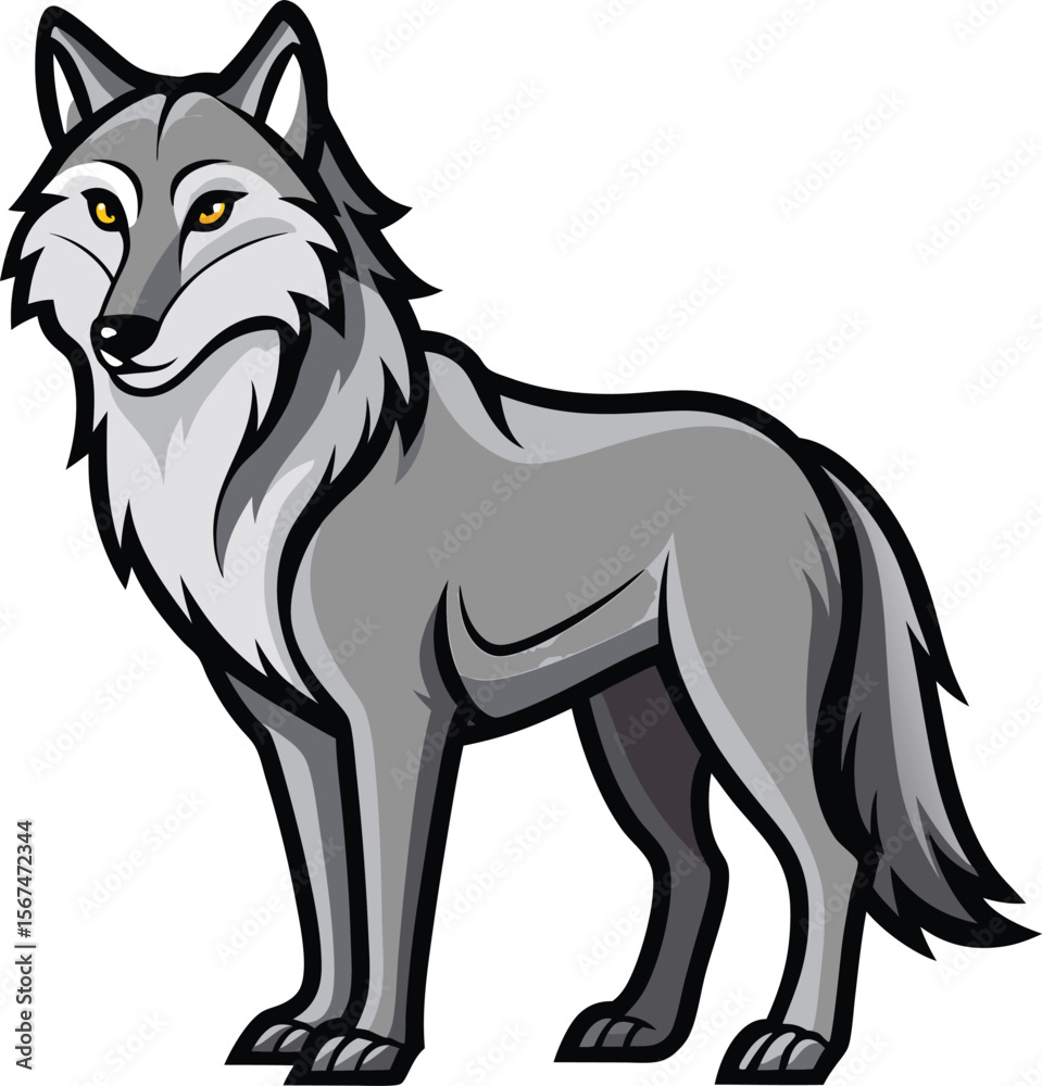 Obraz premium Stylized grey wolf standing proudly with yellow eyes and sharp features