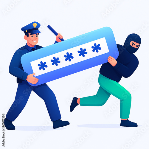 Policeman and Thief are holding a large password box, depicting data security, cybersecurity, and the prevention of online fraud, representing digital protection.