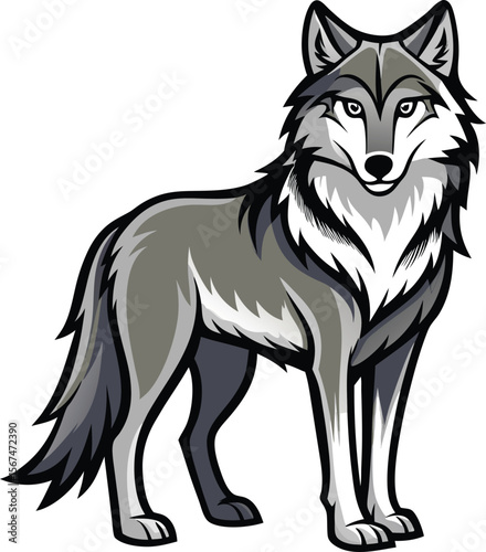 Stylized grey wolf standing proudly with fierce eyes and bushy tail