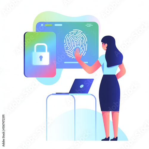 Biometric authentication system shows a person accessing a secure system via fingerprint scanning, next to a laptop and digital padlock.