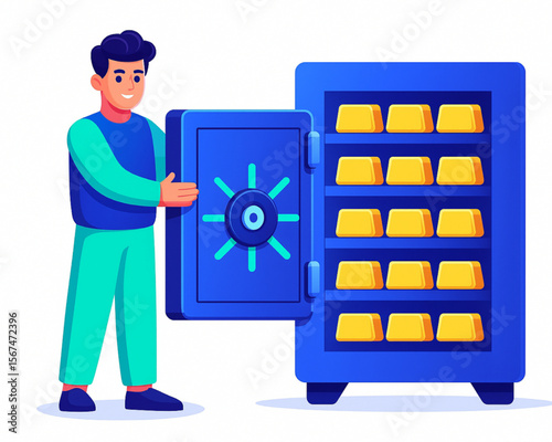 Person opening a blue safe with gold bars inside, illustrating wealth, security, and investment concepts in a financial setting.