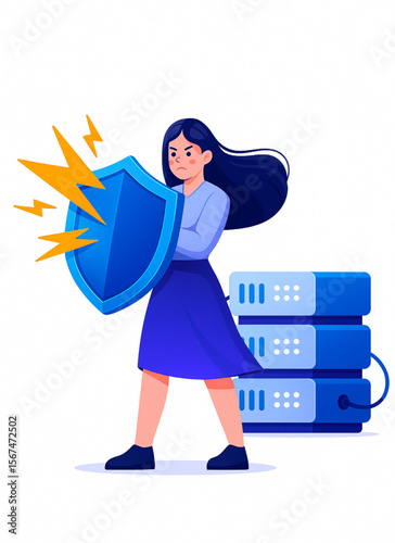 Protecting data servers with cybersecurity shield, depicting security, defense, vulnerability and woman against cyber threats, vector illustration.