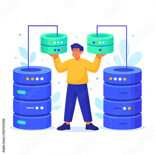 Man manages decentralized database architecture connecting data server storage in the cloud using computer technology.