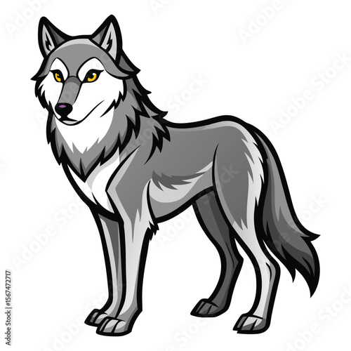 Stylized cartoon wolf standing confidently with yellow eyes and grey fur