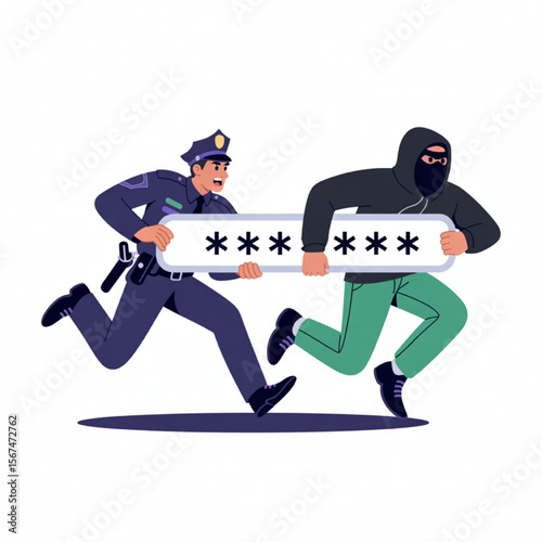 A police officer chases a thief who is carrying a password, depicting cybercrime and data protection issues with security systems.