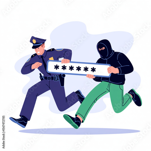 Cartoon illustration featuring a thief in a mask running from a police officer, both holding a sign with asterisks, symbolizing password theft.