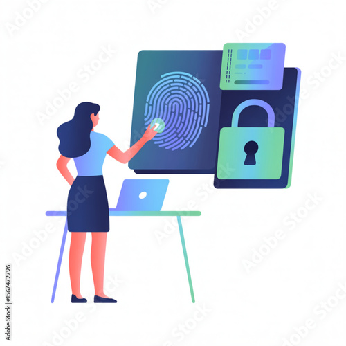 Woman unlocks secure system through fingerprint biometrics, representing digital security, authorization, and access control for privacy.