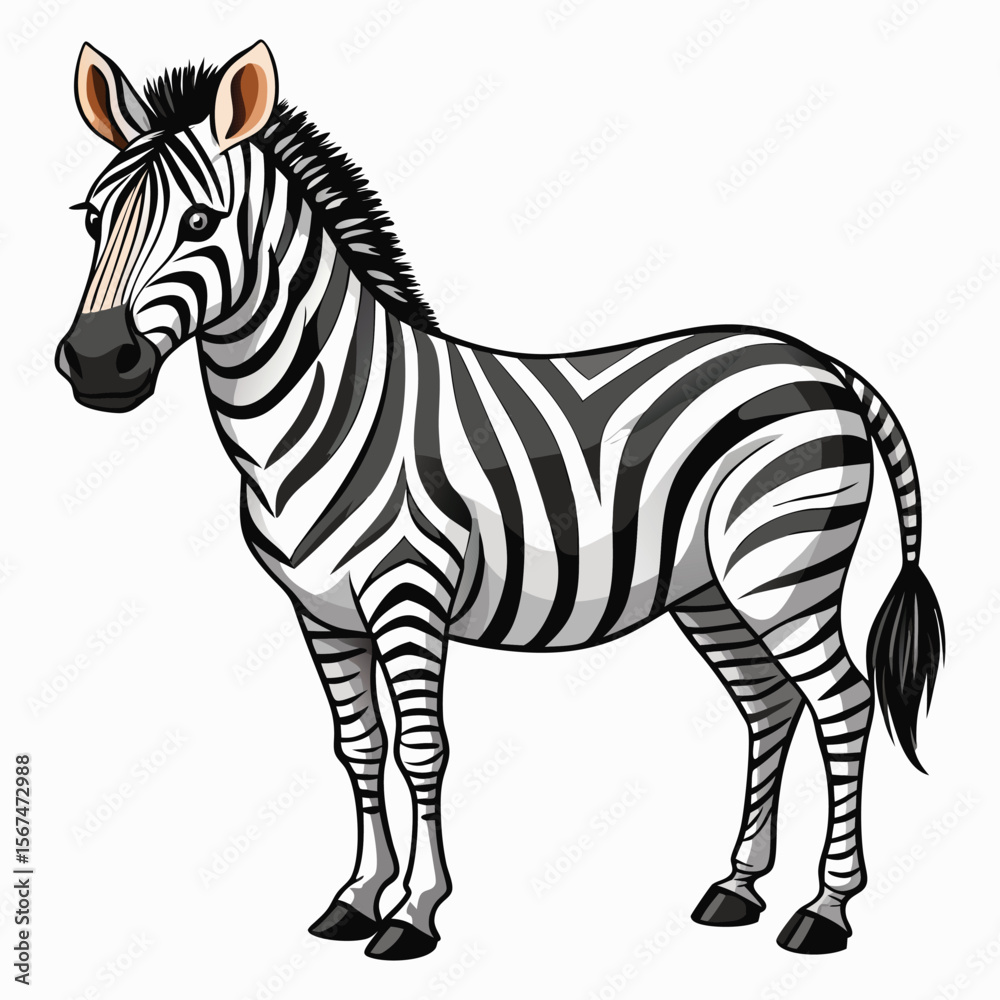Obraz premium A cute cartoon zebra standing on a white background with black and white stripes
