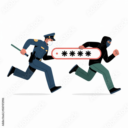 Security pursuit showing a thief running away with a password being chased by a policeman, illustrating data protection and cybersecurity.