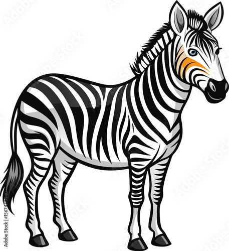 Stylized cartoon zebra standing proudly with blue eyes and orange markings