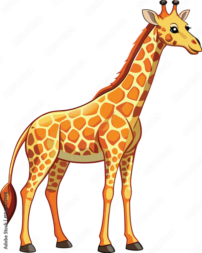Obraz premium Cute cartoon giraffe standing profile view with orange and yellow spots