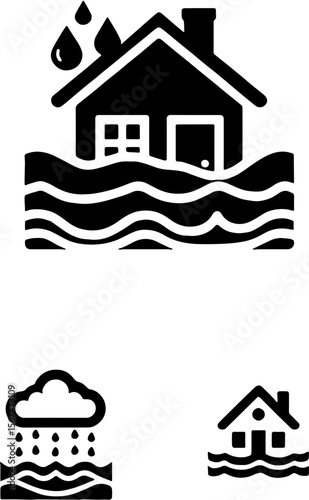 natural disaster icons with flooded houses and water storm symbols in black and white