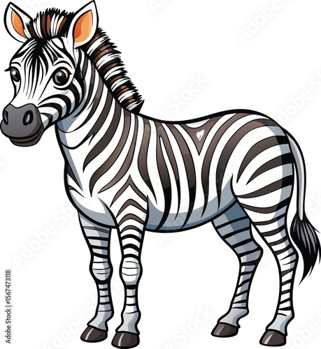 Cute cartoon zebra standing on a white background isolated