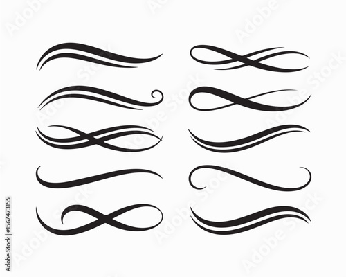 Infinity symbols collection, black infinity vector illustrations on white background. Perfect for logo design, branding, and mathematical representation. Various styles, from classic to artistic