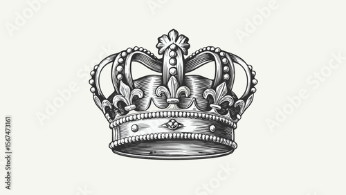 Detailed drawing of an ornate crown with fleur de lis and pearl accents on a light background design element