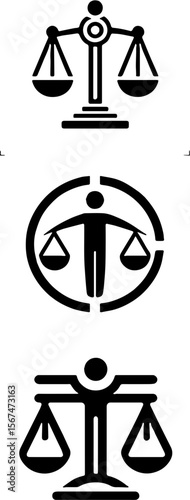 scales of justice icon set with figure holding balance symbol in black and white