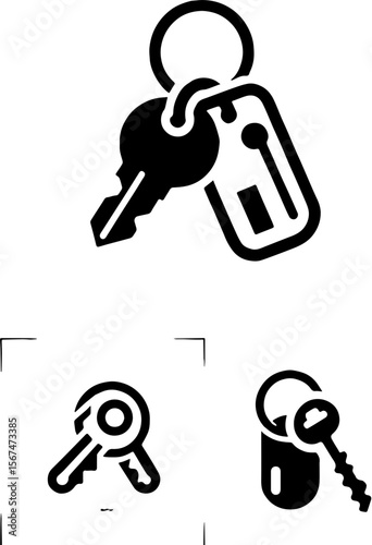 set of black and white key icons including keyring and single keys vector illustrations