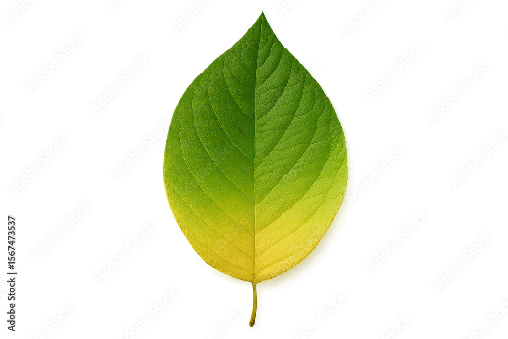 Obraz premium Gradient green-to-yellow autumn leaf transitioning, symbolizing seasonal transformation against transparent backdrop