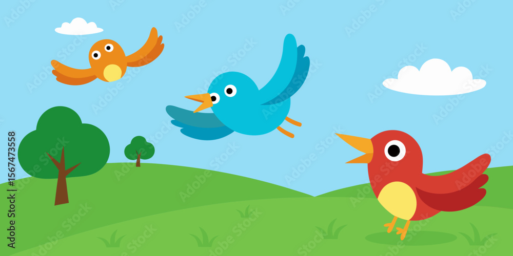 A cute vector cartoon illustration of colorful birds flying from a branch in a spring tree, forming a funny design
