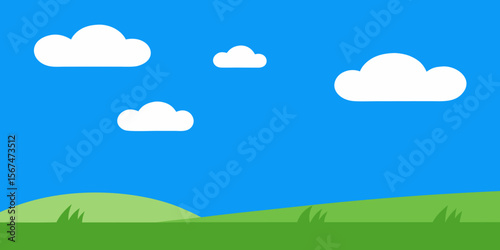 Blue sky, green field, and summer clouds create a beautiful nature landscape with distant hills