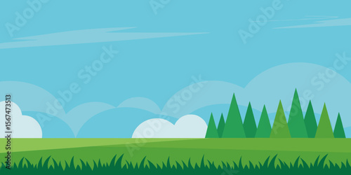 A vibrant summer landscape with green fields and a blue sky, featuring rolling hills, fluffy clouds, and a distant forest under the bright sun