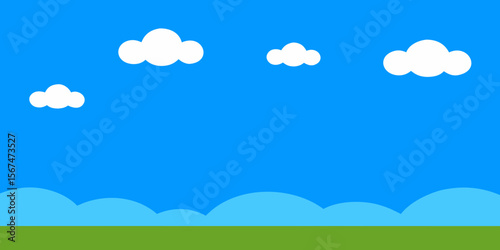 A vibrant summer landscape with blue sky, fluffy clouds, and green grass in a bright, sunny field