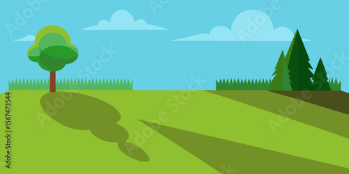 A vector illustration of a vibrant summer rural landscape with trees, green grass, and clouds in the sky