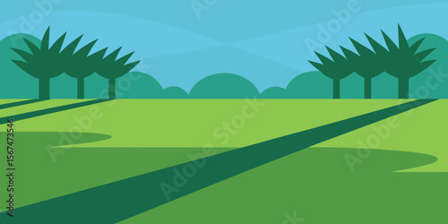 Green landscape with trees, rolling hills, and a summer sky