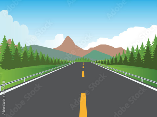 Road To City. Straight empty road through the meadow. Summer landscape vector illustration. 