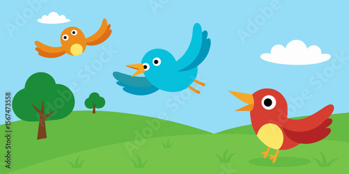 A cute vector cartoon illustration of colorful birds flying from a branch in a spring tree, forming a funny design