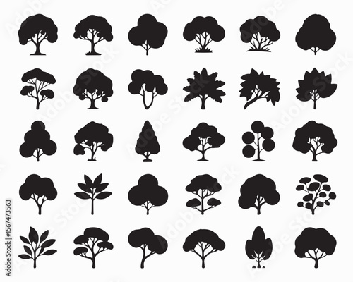 diverse tree silhouettes vector illustration, perfect for nature, park, and landscape themes. Ideal for forest scenery in graphic design projects.