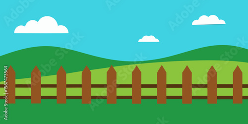 A vector illustration of a rural summer landscape with a fence, green grass, and blue sky with clouds