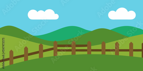 A vector illustration of a rural landscape with a fence, green grass, and a blue sky with clouds, capturing the essence of nature on a summer day