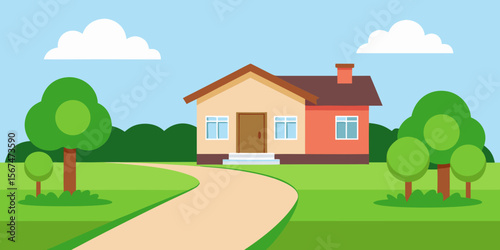 Cartoon vector illustration of a charming country house with a red roof, surrounded by a vibrant green meadow, trees, and blue sky