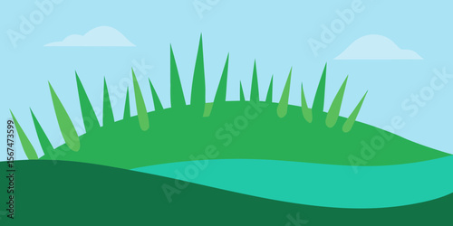 Green grass and blue sky landscape vector illustration with mountains, a fresh summer field of growth and design
