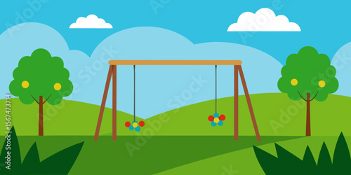 Empty wooden swings stand ready for summer fun on a road through a forest leading to a city, with a house nestled in the grassy landscape under the sky