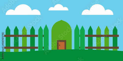 Vector illustration of a rustic wooden fence in a green summer garden with a blue sky and cartoon clouds