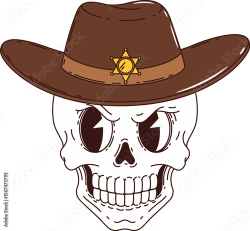 Cartoon groovy cowboy skull, western character, wild west hippie personage wearing a brown hat adorned with a sheriff badge. Isolated vector y2k human cranium with hollow angry eyes and toothy mouth