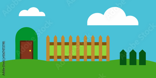 A cartoon landscape vector illustration depicts a wooden fence on green grass under a blue sky with clouds