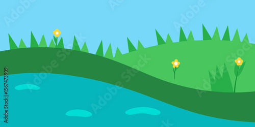 A vibrant cartoon summer landscape with green grass, blue sky, and a bright sun