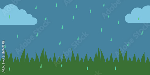 Vector illustration of rain on grass with blue sky and clouds, capturing the essence of nature's vibrant summer design
