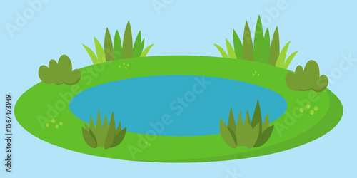 A vibrant illustration of a green planet earth with lush grass, clear water, and a serene blue sky over rolling hills and a distant mountain horizon