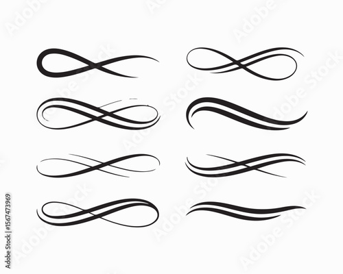 Infinity symbols collection, black infinity vector illustrations on white background. Perfect for logo design, branding, and mathematical representation. Various styles, from classic to artistic