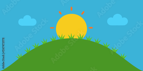 Bright summer day in a rural meadow, colorful easter eggs hidden in the green grass, under a blue sky with fluffy clouds and a shining sun, surrounded by flowers, trees, and flying butterflies