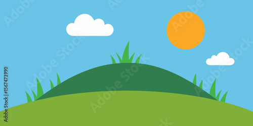 Bright summer landscape featuring green grass, blue sky, and a sunny meadow with clouds
